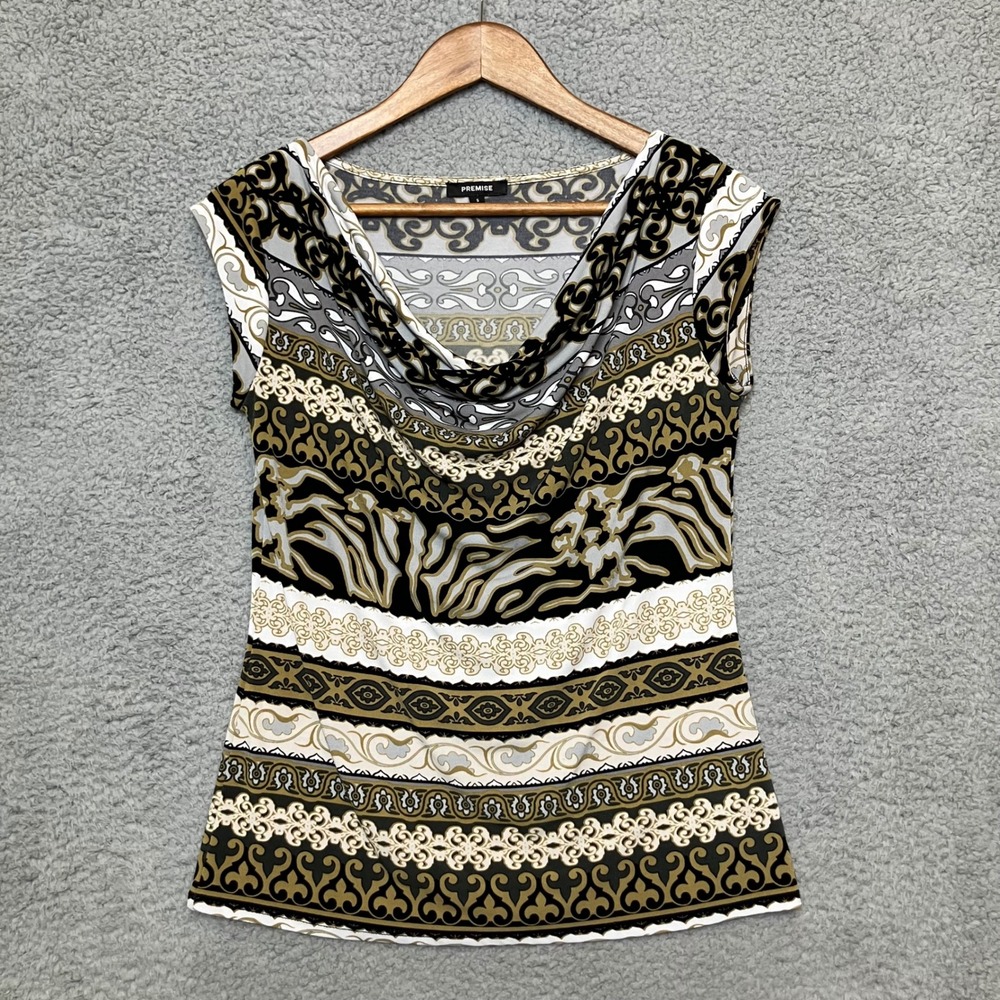 VTG Y2K Premise Top Women S Gold Black‎ Cowl Baroque Maximalist Equestrian Artsy